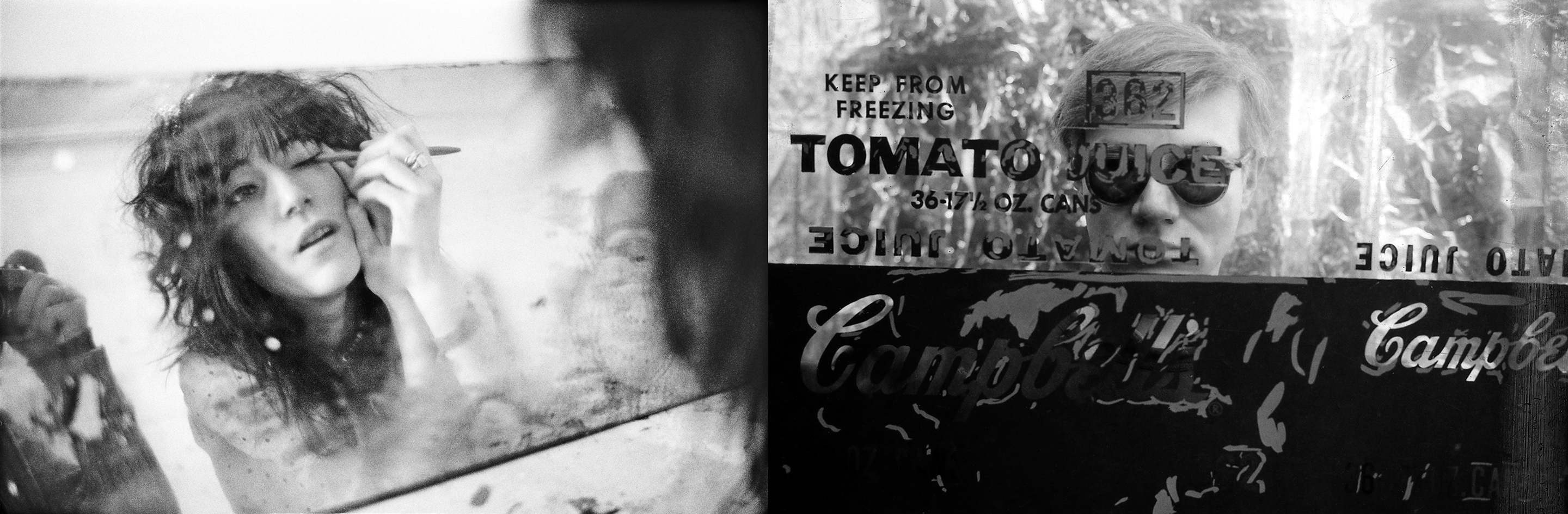 Photographc of Patti Smith by Judy Linn and photograph of Andy Warhol by Ken Heyman